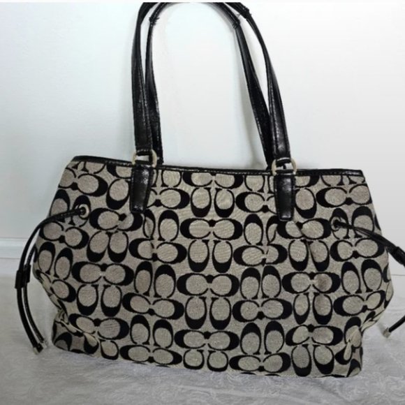 Coach Handbags - EUC Coach Signature Stripe Drawstring Carryall Tote Khaki Handbag Shoulder Bag
